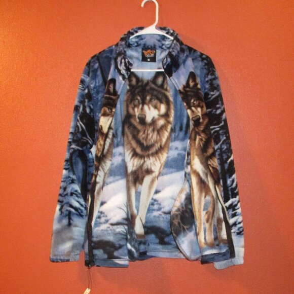 Wild Wear NEW Wolf Woman Medium Blue Tan Brown Full Zip Pockets Jacket - Picture 5 of 8